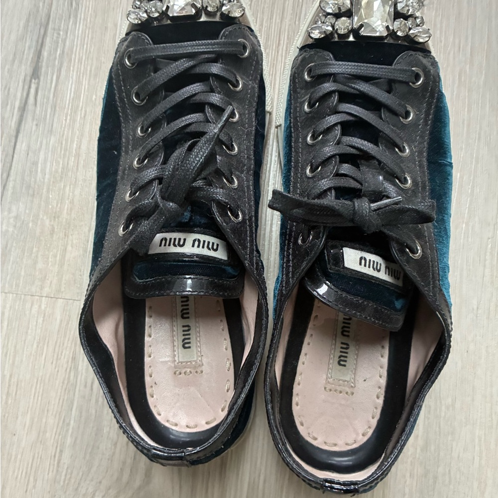 Miu Miu Black and Teal Velvet Sneakers